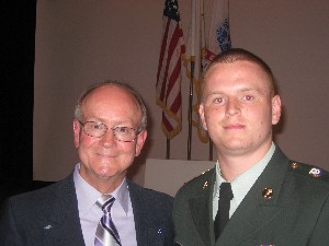 In April, Brig. Gen. James D'Agostino, USAF (Ret.) (l), congratulates Cadet Matthew Connors, ROTC, Cramer's Saber Battalion, for winning the chapter's ROTC Award.